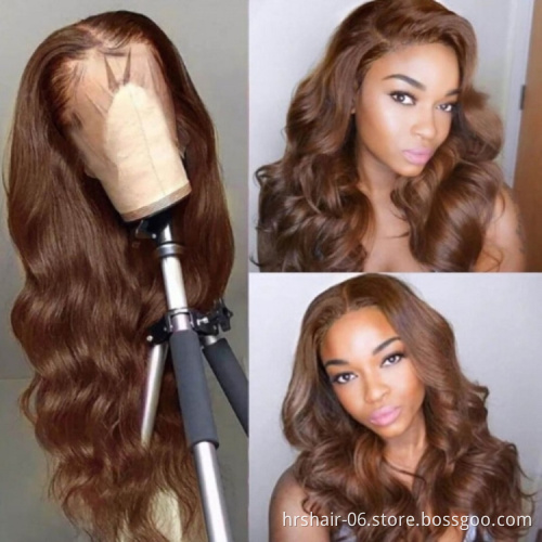 250% Density 4# Brown Color Water Wave Virgin Indian Human Hair Lace Front Wig